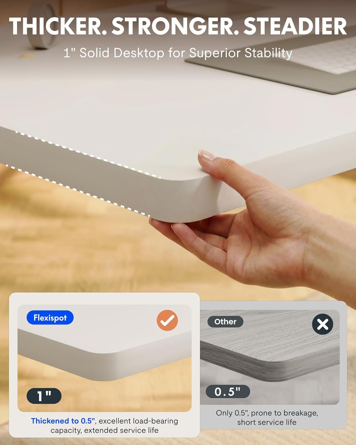 FlexiSpot EN1W Thicker and Stronger 1" Solid Desktop – Westlands Executive Series FlexiSpot EN1W 1.4M Electric Height Adjustable Standing Desk featuring a 1-inch thick solid desktop for superior stability compared to standard 0.5-inch models prone to breakage.