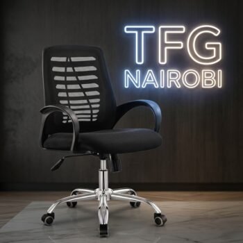 FS948 mid-back office chair with a breathable mesh back, chrome swivel base, and padded seat in a luxury Westlands Nairobi office setting.