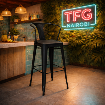 Premium matte black HFB-4088 bar stool with a sleek backrest at a modern kitchen island in Runda, Nairobi.