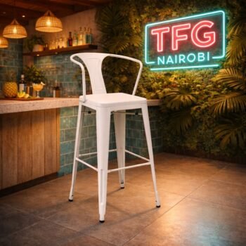 Modern white HFW-4088 bar stool with a sturdy backrest at a stylish kitchen island in Lang'ata, Nairobi.