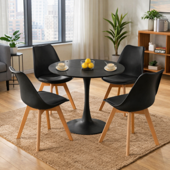 The HM7813 Dining Table and Chairs round black dining table with four matching black ergonomic chairs in a modern Karen dining nook, Nairobi.