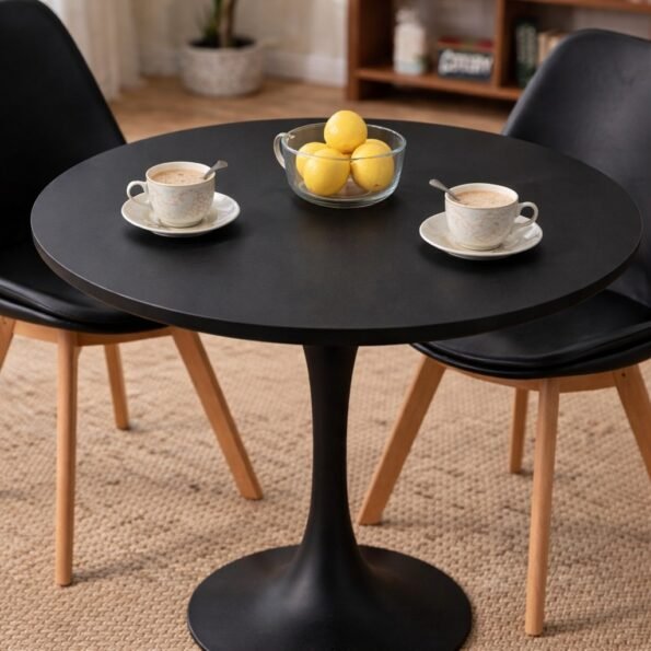 Close-up of sleek black round HM7813 dining table with two cups of coffee and lemons in a glass bowl, featuring black chairs with wooden legs, in a modern Karen, Nairobi home.