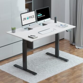 JHT8-ES1 Electric Height Adjustable Table in white with dual monitors, featuring industrial-grade telescopic legs and a smooth motorized lift system.