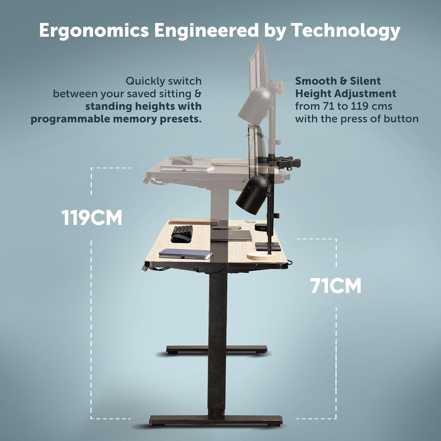 JHT8-ES5 71-119cm Height Adjustment Range – Runda Collection Technical illustration of JHT8-ES5 Electric Height Adjustable Table showing smooth and silent height adjustment range from 71cm to 119cm.