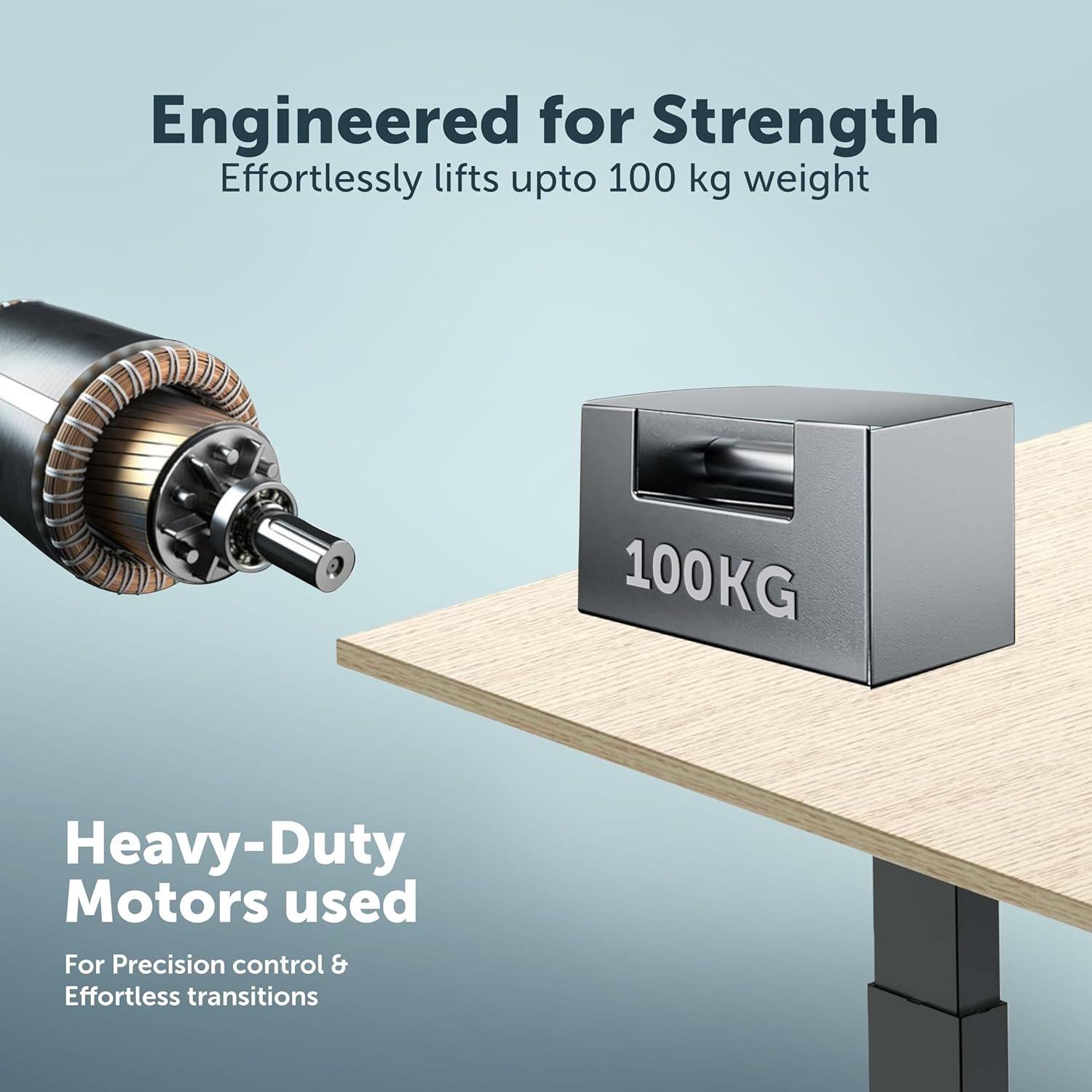 JHT8-ES5 Heavy-Duty 100kg Lifting Capacity – Runda Series Technical illustration of the JHT8-ES5 Electric Height Adjustable Table engineered for strength, effortlessly lifting up to 100 kg weight with heavy-duty motors.