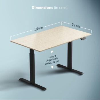 Technical dimension illustration of the JHT8-ES5 Electric Height Adjustable Table showing 120cm length, 75cm width, and 70-119cm height range.