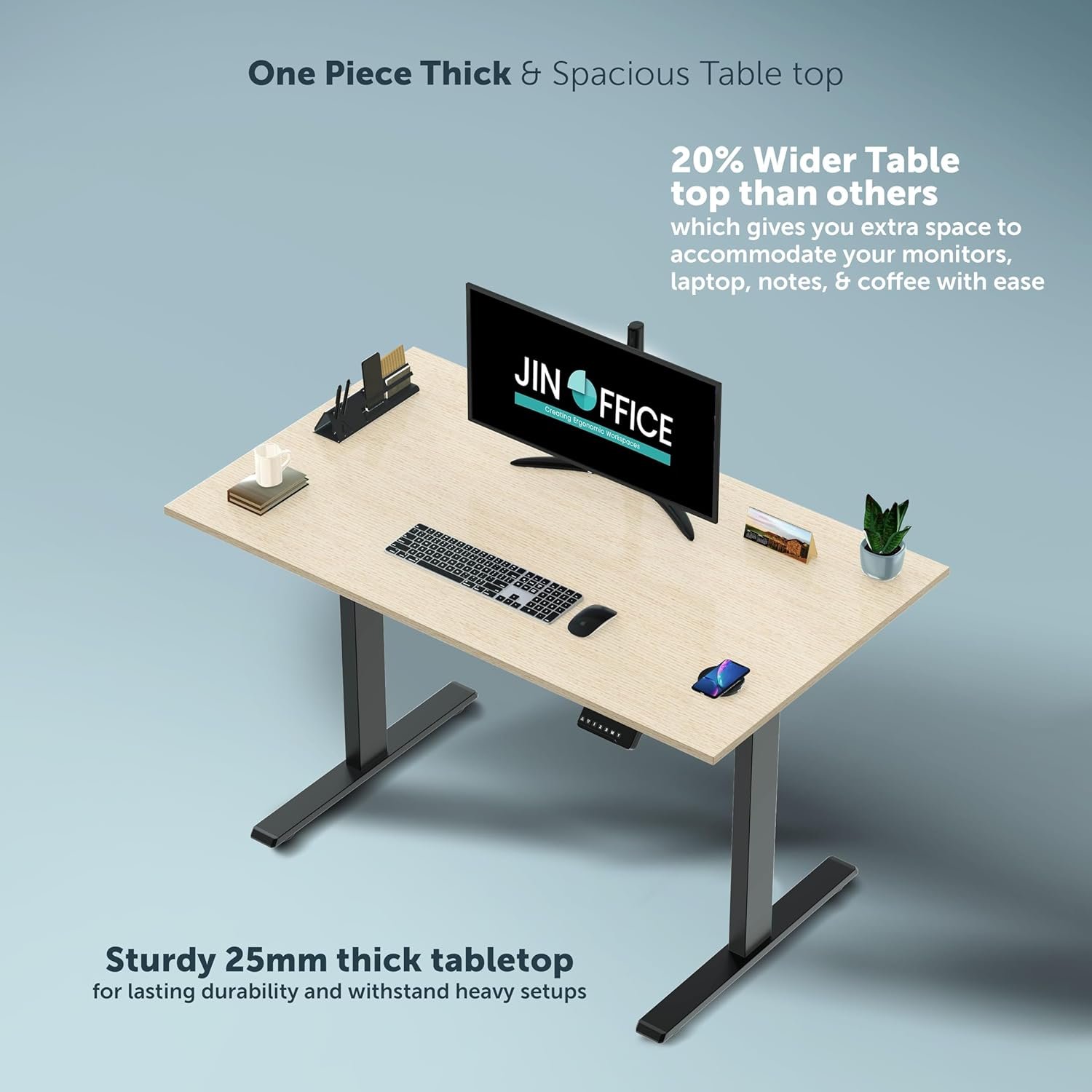 JHT8-ES5 Premium 25mm Thick Spacious Tabletop – Runda Collection JHT8-ES5 Electric Height Adjustable Table featuring a sturdy 25mm thick one-piece spacious tabletop that is 20% wider than others.