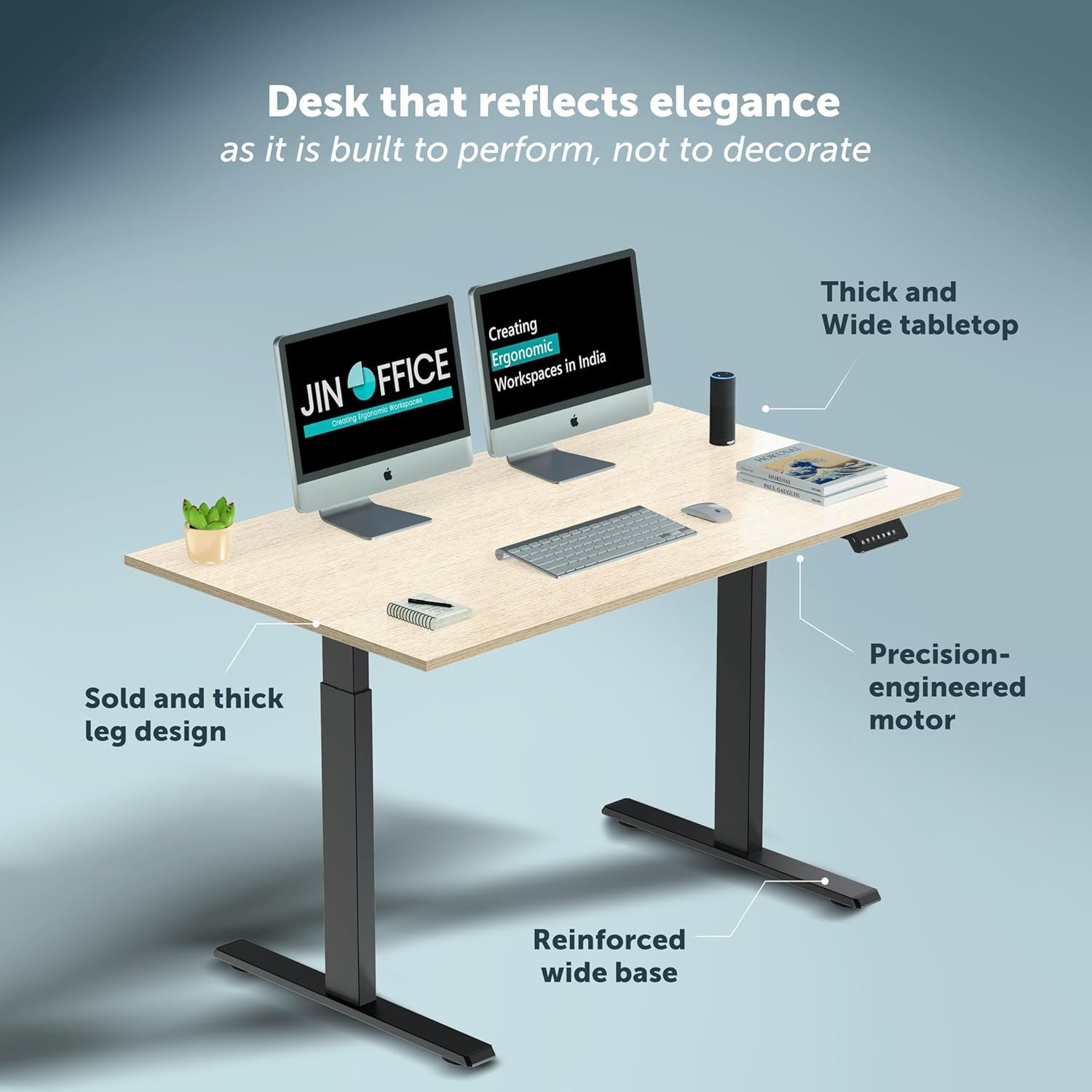 JHT8-ES5 Built to Perform Technical Specifications – Runda Executive Series Technical diagram of JHT8-ES5 Electric Height Adjustable Table highlighting thick tabletop, solid leg design, precision-engineered motor, and reinforced wide base.