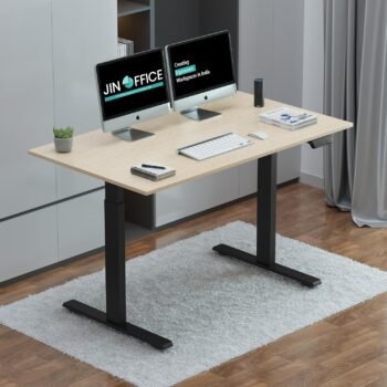 JHT8-ES5 Electric Height Adjustable Table in white finish with dual monitor setup in a modern Runda office, Nairobi.