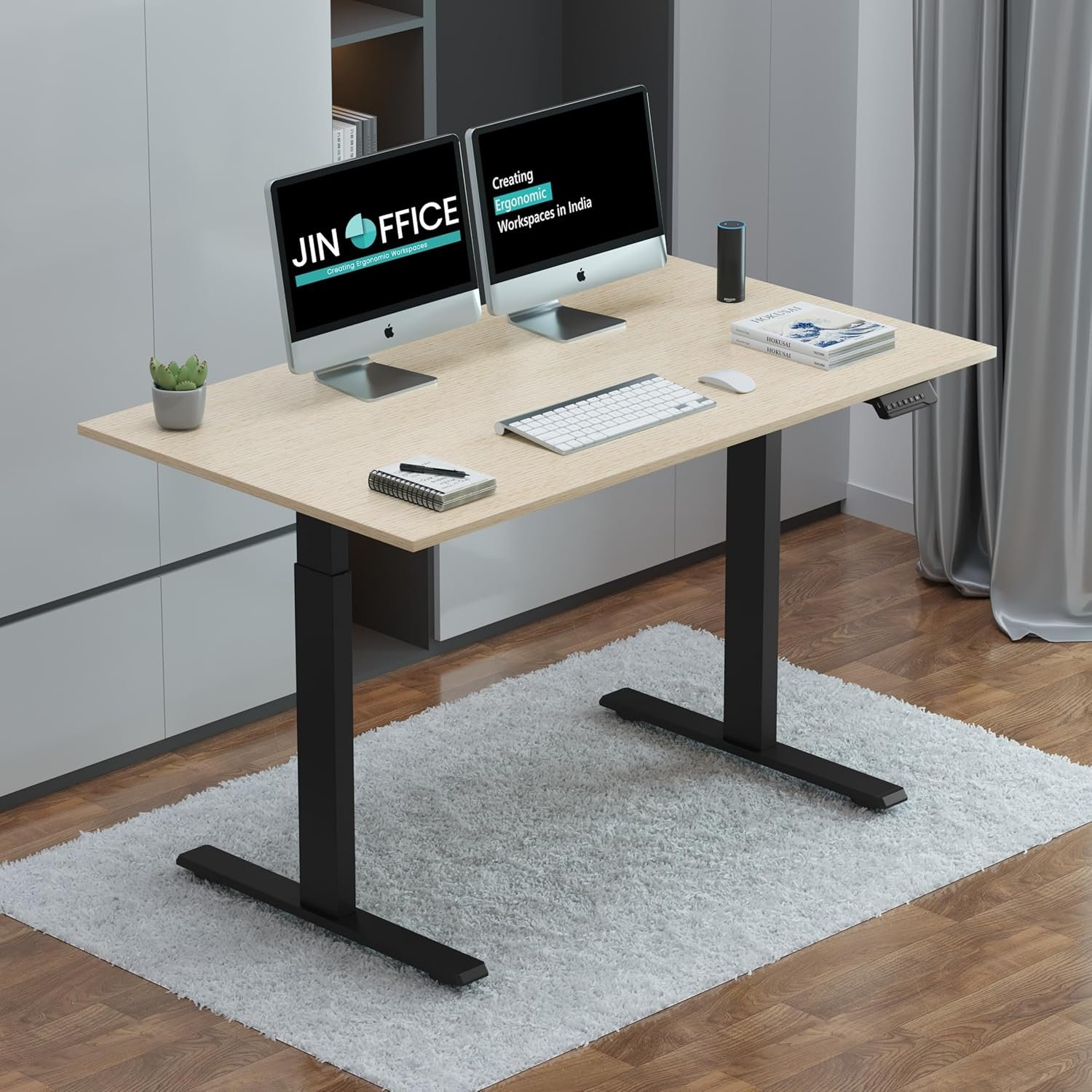JHT8-ES5 White Executive Standing Desk – Runda Collection JHT8-ES5 Electric Height Adjustable Table in white finish with dual monitor setup in a modern Runda office, Nairobi.