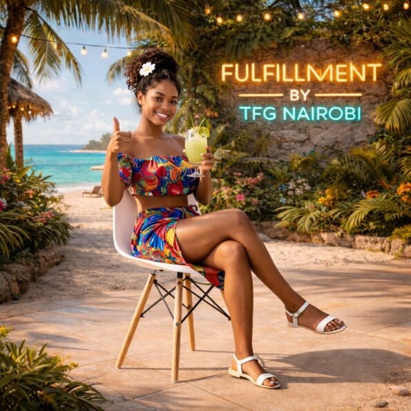 A smiling lady giving a thumbs up while sitting on a white EO196W Eames chair at a tropical luxury villa in Ukunda, Diani, Kenya.