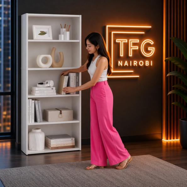 A lady in pink trousers reaching for a book on a TFG-B800 white 5-tier bookshelf in a luxury living room at Mimosa, Runda, Nairobi.
