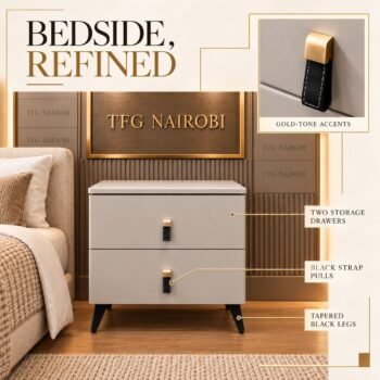 Feature infographic of the Modern 2-Drawer Bedside Nightstand highlighting black leather strap pulls with gold-tone accents, two storage drawers, and tapered black legs in Lavington, Nairobi