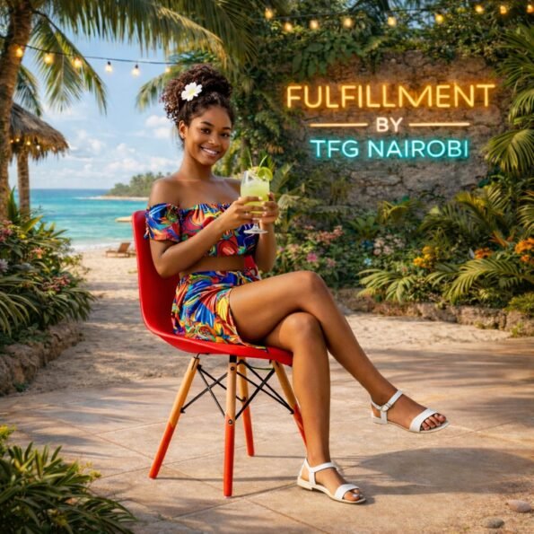 Happy customer enjoying a drink while sitting on a red EO196R Eames Chair at a luxury beach villa in Kilifi, Kenya.