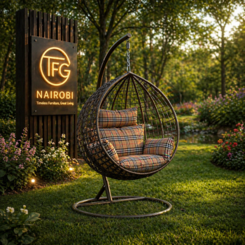 A premium SERENGETI BB188-BC swing chair with iconic plaid cushions, positioned in a lush, beautifully lit garden in Muthaiga, Nairobi.