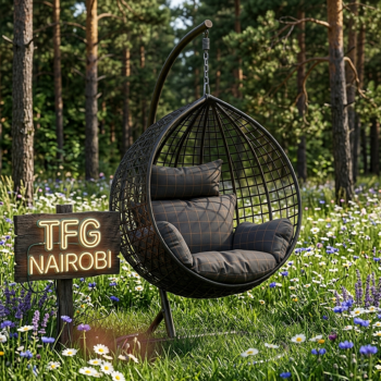 A premium SERENGETI BDG188-DGC swing chair with a heavy-duty metal stand and dark grid-patterned cushions, set in a lush garden clearing in Syokimau, Machakos.