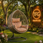 A premium SERENGETI LB188-MCS swing chair with vibrant multi-color striped cushions and a heavy-duty metal stand, displayed in a lush garden setting next to a TFG Nairobi neon sign in Mimosa, Runda.