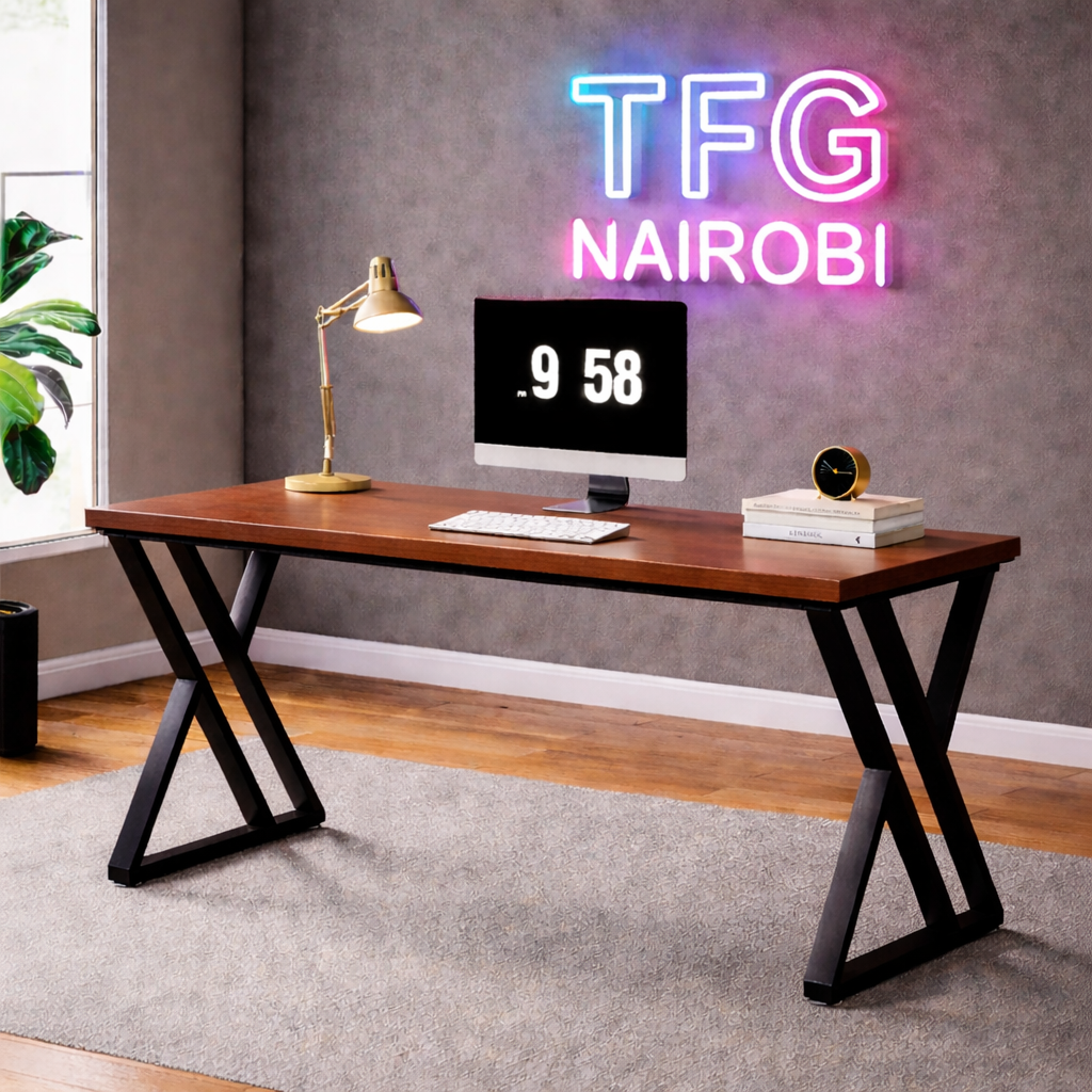 STUDIO C WABL400 Walnut and Black Desk – Ineza Runda Collection Deep walnut finish STUDIO C WABL400 computer desk with architectural black X-frame metal legs in a luxury Ineza, Runda home office, Nairobi.