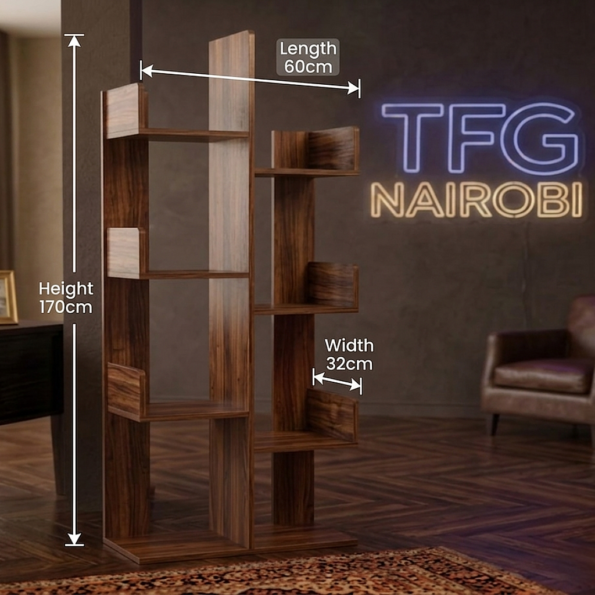 A detailed graphic illustration showing the dimensions of the TFG TR600-1 Tree Bookshelf: Height 170cm, Length 60cm, and Width 32cm in a walnut finish.