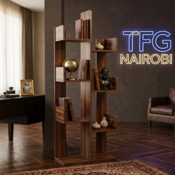 Premium TFG TR600-1 tree bookshelf in a rich walnut finish, displayed in a luxury home office setting on Riverside Drive, Nairobi.