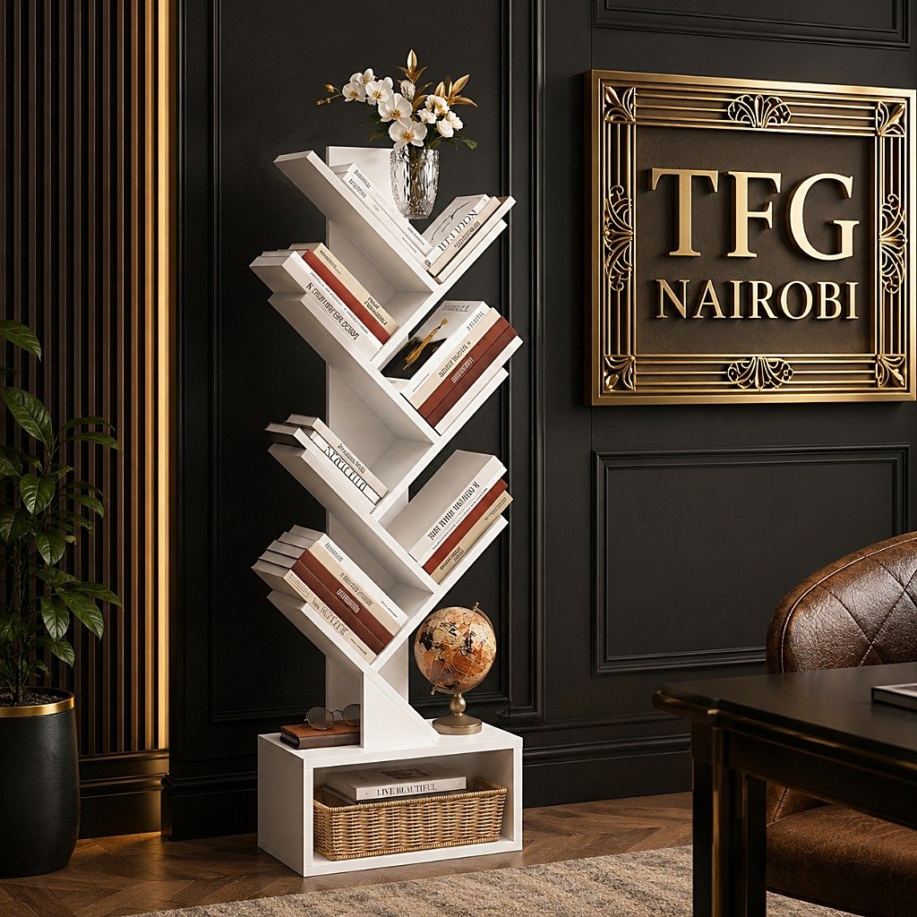 TFG TR800-3 White Tree Bookshelf in Mvuli Drive Nairobi TFG TR800-3 tree bookshelf with books and décor in a premium home office in Mvuli Drive, Nairobi, Kenya