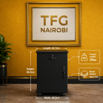 Technical dimension guide for the TFG UD500-1 black under desk cabinet showing a height of 66.5cm, length of 42.3cm, and width of 48.8cm in a Hurlingham home office.
