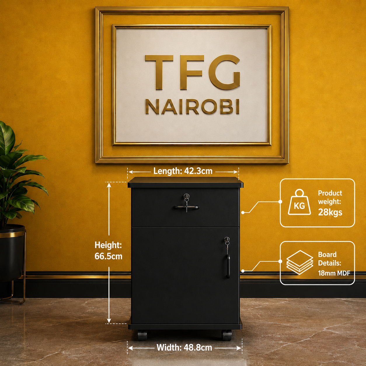 TFG UD500-1 Black Under Desk Cabinet - Dimension Graphic Technical dimension guide for the TFG UD500-1 black under desk cabinet showing a height of 66.5cm, length of 42.3cm, and width of 48.8cm in a Hurlingham home office.