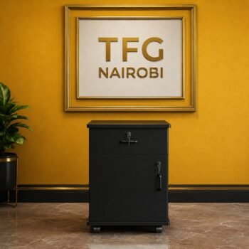 A premium matte black TFG UD500-1 under desk cabinet built with thick 18mm MDF standing in a luxury Hurlingham home office under a gold TFG NAIROBI sign.