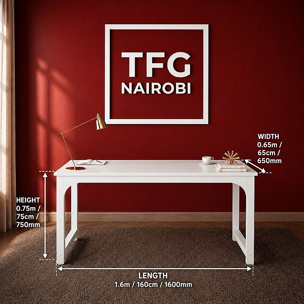 TFG VM1.6M White Computer Table Dimensions in Gatundu Road Nairobi Dimension illustration of TFG VM1.6M white computer table showing 160cm length, 65cm width and 75cm height on Gatundu Road, Nairobi, Kenya