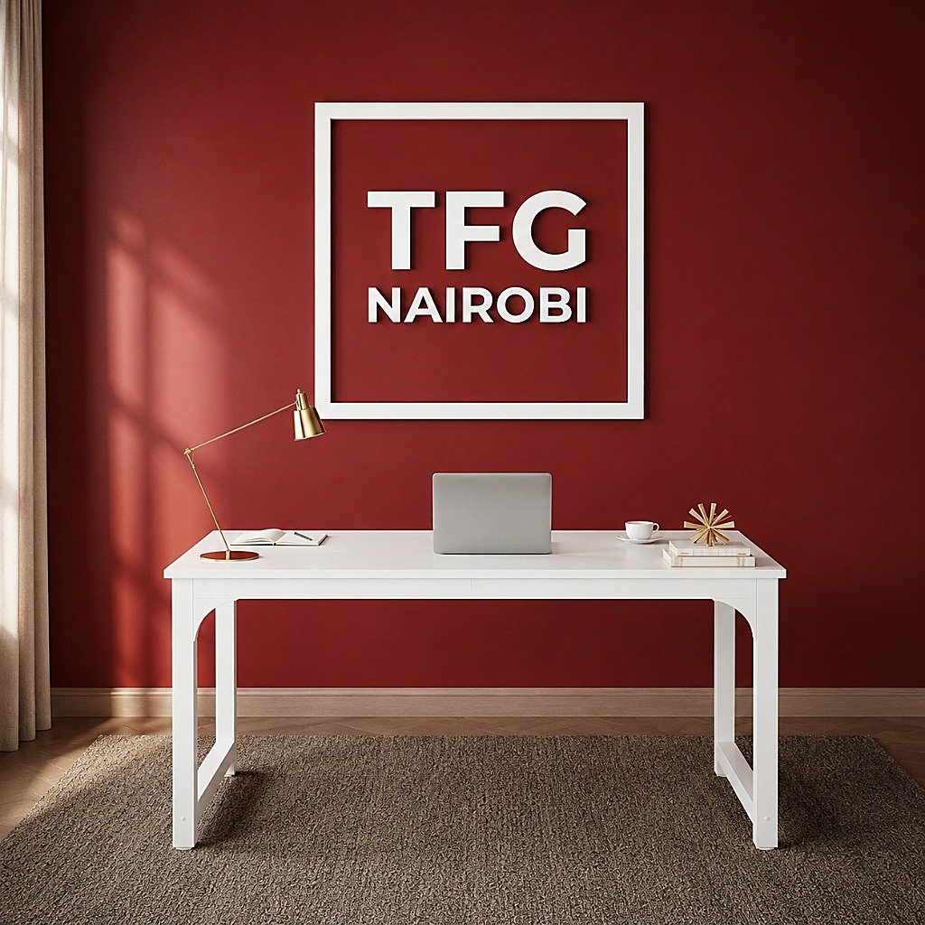 TFG VM1.6M White Computer Table in Gatundu Road Nairobi TFG VM1.6M white computer table with laptop setup in a modern home office on Gatundu Road, Nairobi, Kenya