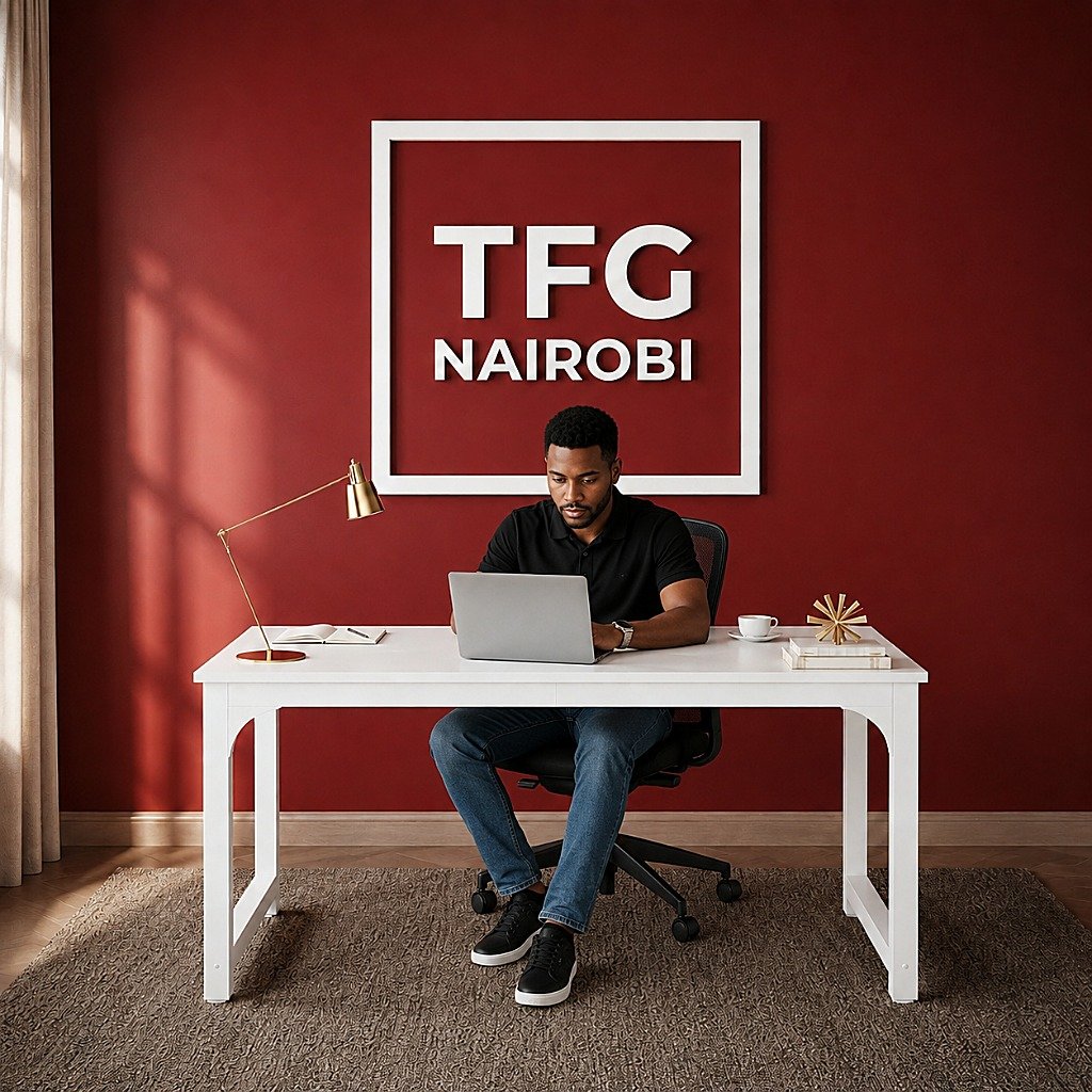 TFG VM1.6M White Computer Table Lifestyle Shot in Gatundu Road Nairobi Man working on laptop at TFG VM1.6M white computer table in a modern home office on Gatundu Road, Nairobi, Kenya