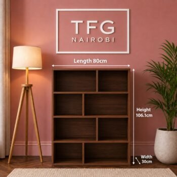 TFG111-4 American Walnut Mini Bookshelf dimension guide showing 80cm length, 106.1cm height and 30cm width – compact brown bookcase by The Furniture Guys Nairobi, Kenya
