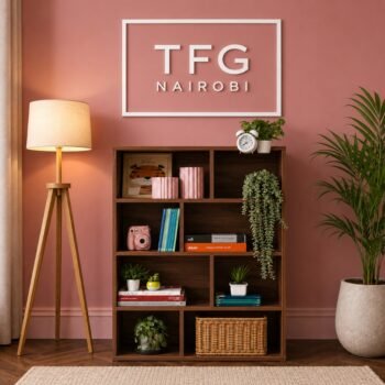 TFG111-4 A. Walnut Mini Bookshelf by The Furniture Guys Nairobi – warm brown bookcase with 8 open compartments styled with books, plants and décor in a modern Nairobi living room
