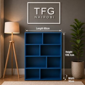 TFG111-4 Blue Mini Bookshelf dimension guide showing 80cm length, 106.1cm height and 30cm width – compact navy blue MDF bookshelf by The Furniture Guys Nairobi, Kenya