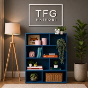 TFG111-4 Blue Mini Bookshelf by The Furniture Guys Nairobi – compact navy blue MDF bookshelf with 8 open compartments styled with books, plants and décor in a modern Nairobi living room