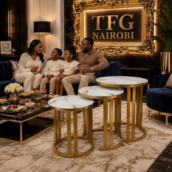 Happy family enjoying time together with X450 Round Glass Top Nesting Tables Set of 3 with White Marble Effect and Gold Frame - Luxury living room furniture Othaya Road Nairobi Kenya