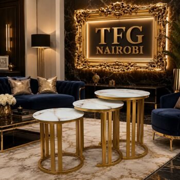 X450 Glass Top Nesting Tables Set of 3 with White Marble Effect and Gold Frame in luxury living room - Premium nesting coffee tables Othaya Road Nairobi Kenya