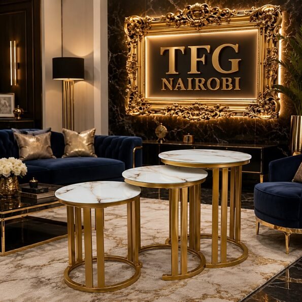 X450 Glass Top Nesting Tables Set of 3 with White Marble Effect and Gold Frame in luxury living room - Premium nesting coffee tables Othaya Road Nairobi Kenya
