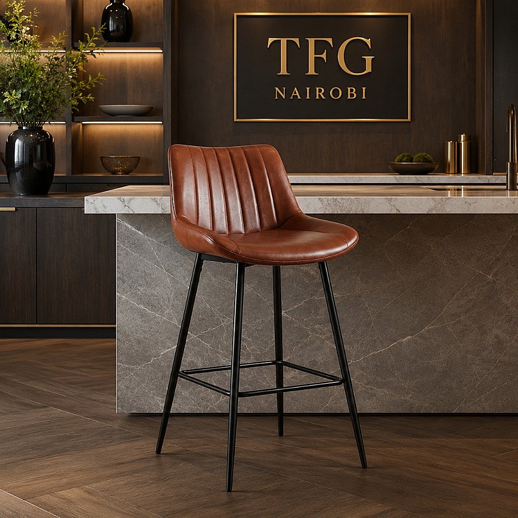 DA-2-1 Brown Leather Bar Stool in Lavington Nairobi DA-2-1 brown leather bar stool with black metal legs and footrest in a modern kitchen in Lavington, Nairobi, Kenya