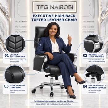Executive High-Back Tufted Leather Office Chair Kenya feature breakdown infographic with a professional staged in Karen Nairobi
