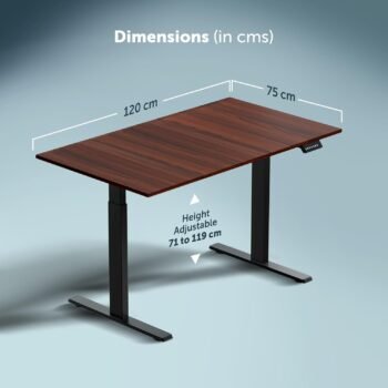 Technical dimension graphic for JHT8-ES3 Electric Height Adjustable Table showing 120cm length, 75cm width, and 70-119cm height range.