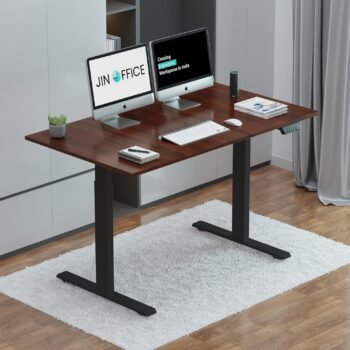 Premium JHT8-ES4 Electric Height Adjustable Table, Electric Height Adjustable Desk with Walnut tabletop and black frame in a professional office setting, Gigiri, Nairobi.