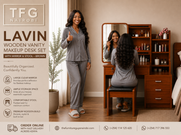 Client giving a thumbs up approval gesture beside the Lavin Wooden Vanity Makeup Desk Set in brown wood finish with mirror, padded stool, and storage drawers by TFG Nairobi