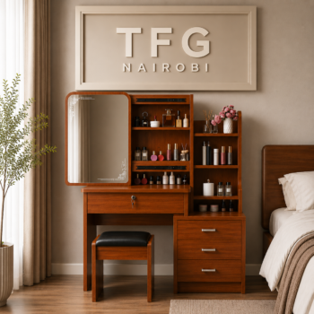 Lavin Wooden Vanity Makeup Desk Set in rich brown wood grain featuring vanity mirror, lockable drawer, side storage drawers, and black padded stool in Upper Hill Nairobi by TFG Nairobi