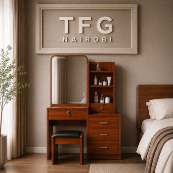 Lavin Wooden Vanity Makeup Desk Set in brown wood finish with closed vanity mirror, lockable drawer, multi-tier side drawers, and padded stool in Upper Hill Nairobi