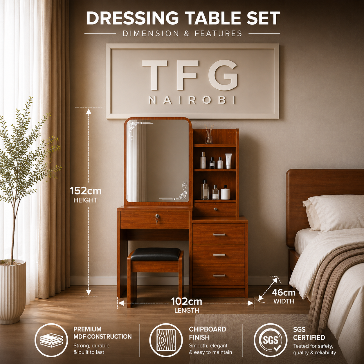 Lavin Wooden Vanity Makeup Desk Set (Brown) - Dimensions & Technical Features Dimension infographic diagram for the Lavin Wooden Vanity Makeup Desk Set in brown showing 152cm height, 102cm length, and 46cm width by TFG Nairobi in Upper Hill