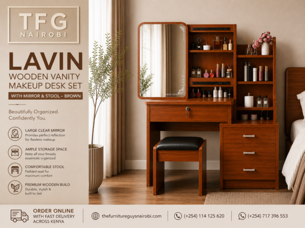 Lavin Wooden Vanity Makeup Desk Set promotional marketing banner graphic featuring key features, contact details, and website by TFG Nairobi