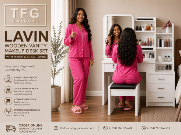 Client giving a thumbs up approval gesture beside the Lavin Wooden Vanity Makeup Desk Set White with mirror, padded stool, and storage drawers by TFG Nairobi in Kilimani