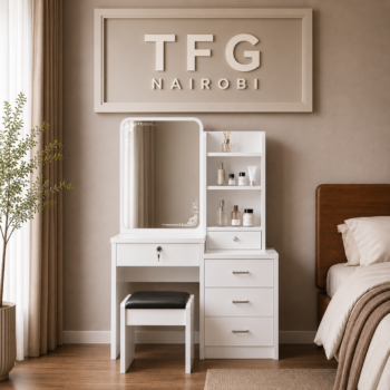 Lavin Wooden Vanity Makeup Desk Set White featuring etched glass vanity mirror, lockable security drawer, 3-drawer side chest, and black padded stool in Kilimani Nairobi by TFG Nairobi