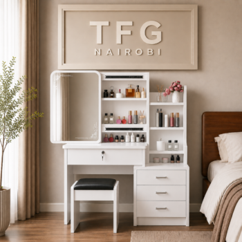 Lavin Wooden Vanity Makeup Desk Set White featuring sliding vanity mirror, lockable security drawer, multi-tier cosmetic shelves, and padded stool in Kilimani Nairobi by TFG Nairobi